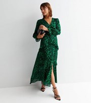 New Look Green Animal Print Ruffle Detail V Neck Long Sleeve Midi Dress